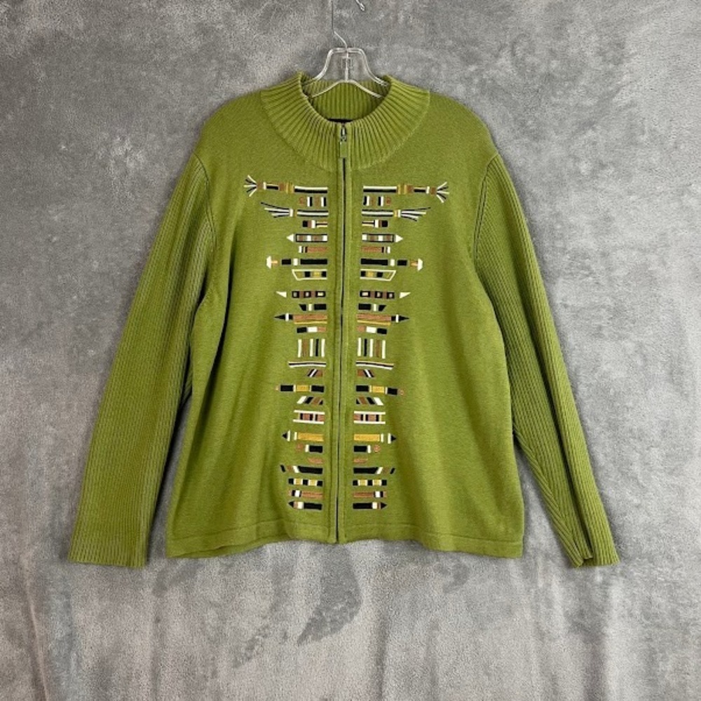 Bob Mackie Full Zip Sweater Womens XL Aztec Geometric Wearable Art
